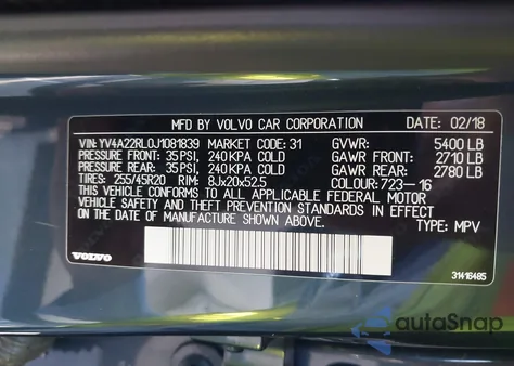 2018 Volvo Xc60 T6 Inscription z USA, uszkodzony, nr VIN YV4A22RL0J1081839